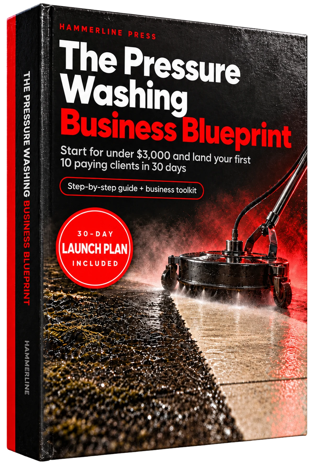 3D mockup of The Pressure Washing Business Blueprint ebook with a black and red cover